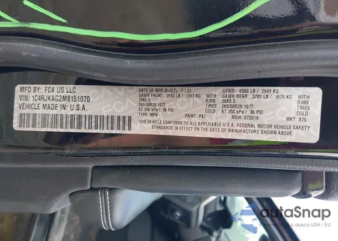 2021 Jeep Grand Cherokee L Altitude 4X4 z USA, uszkodzony, nr VIN 1C4RJKAG2M8151070